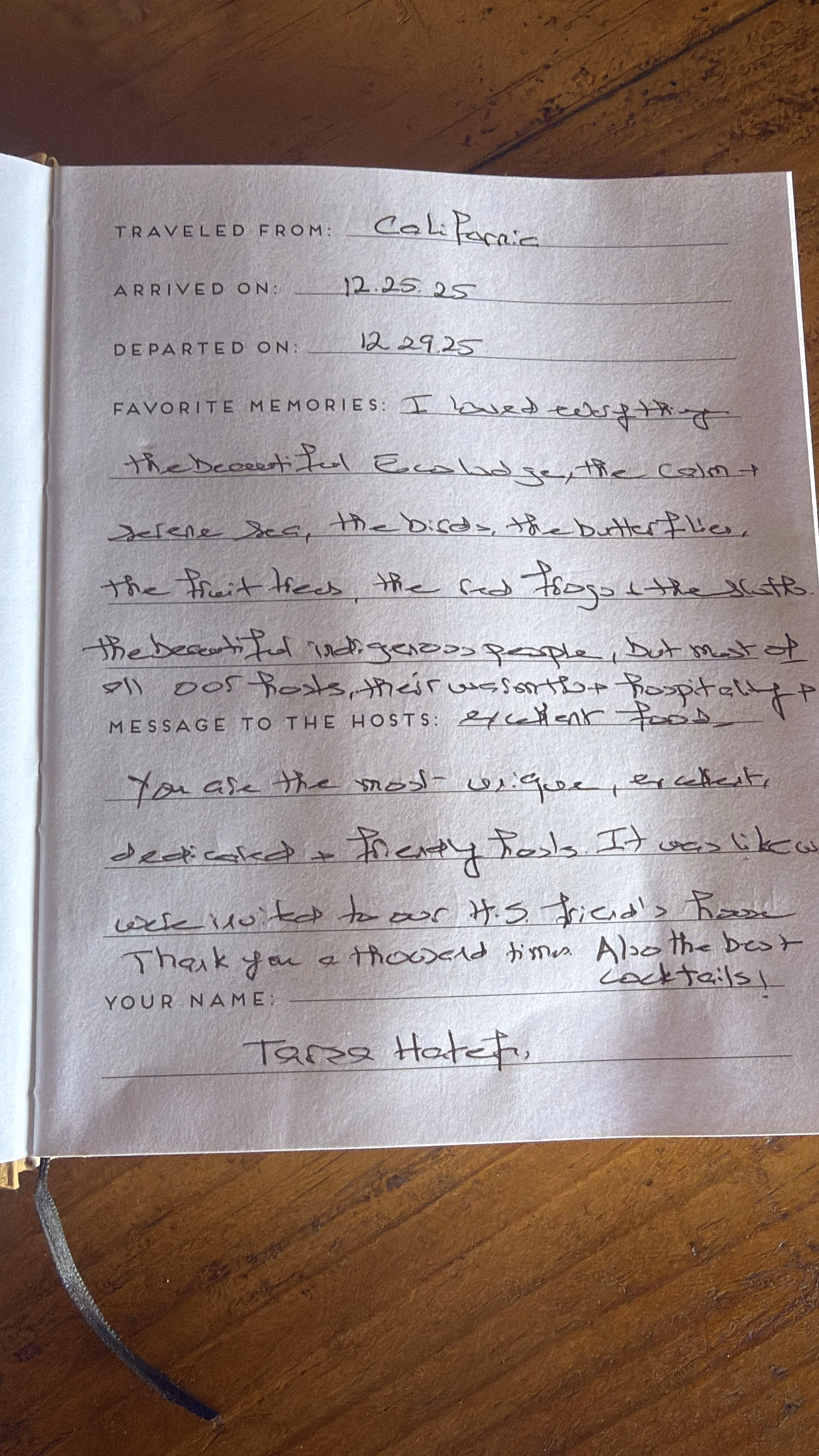 Handwritten guest review from Dolphin Blue Paradise guestbook